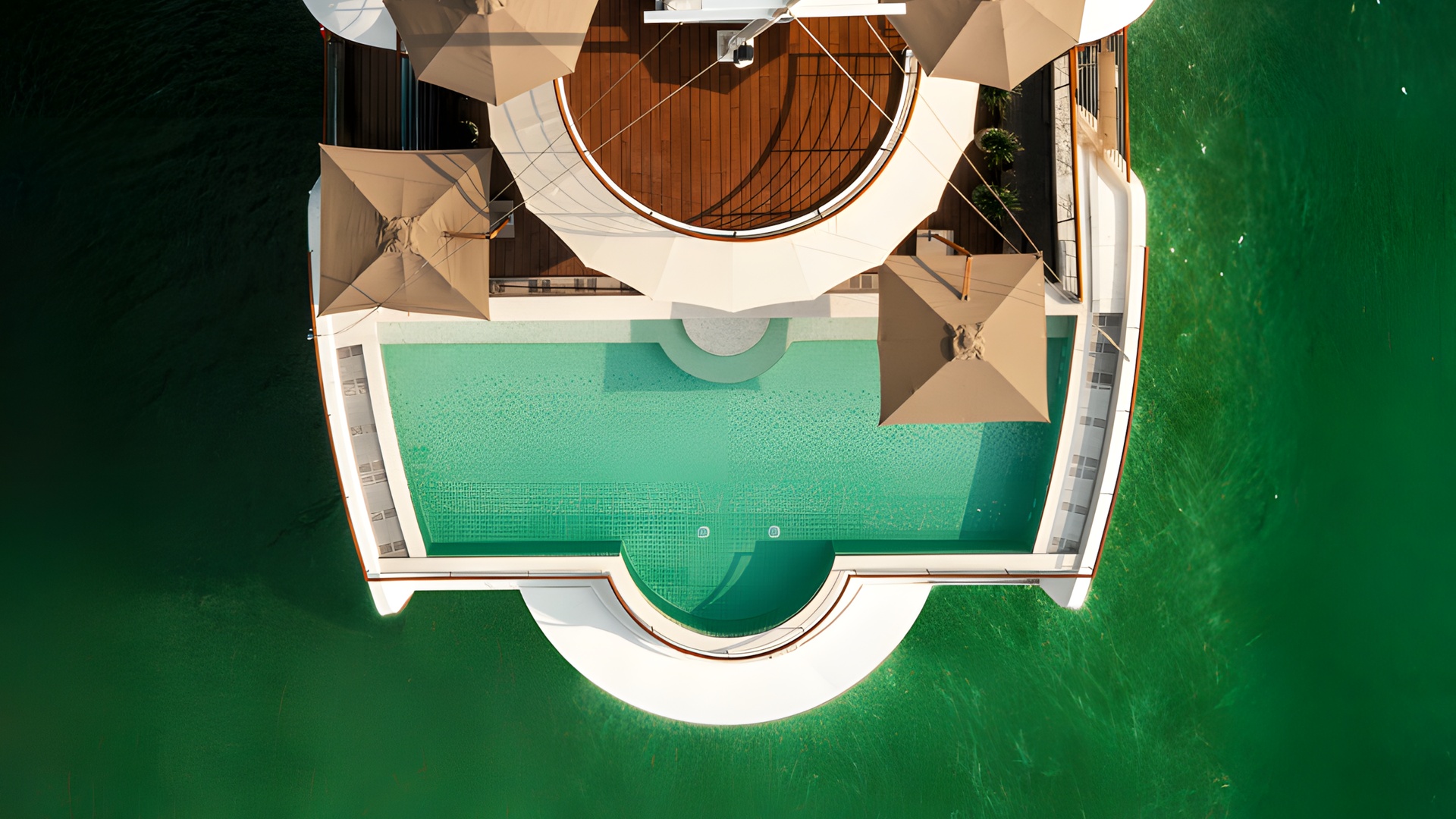 areal view of the swimming pool and sundeck area of the Bhaya Soul luxury cruise ship