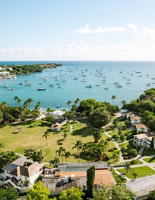 an aerial view of the Calabash Hotel in Grenada, located on the secluded L'Anse Aux Epines beach