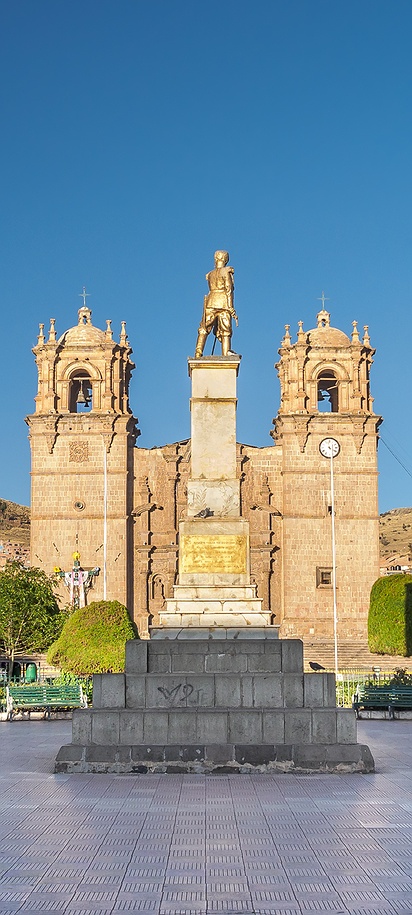 the Plaza de Armas in Puno, Peru, featuring the prominent Puno Cathedral