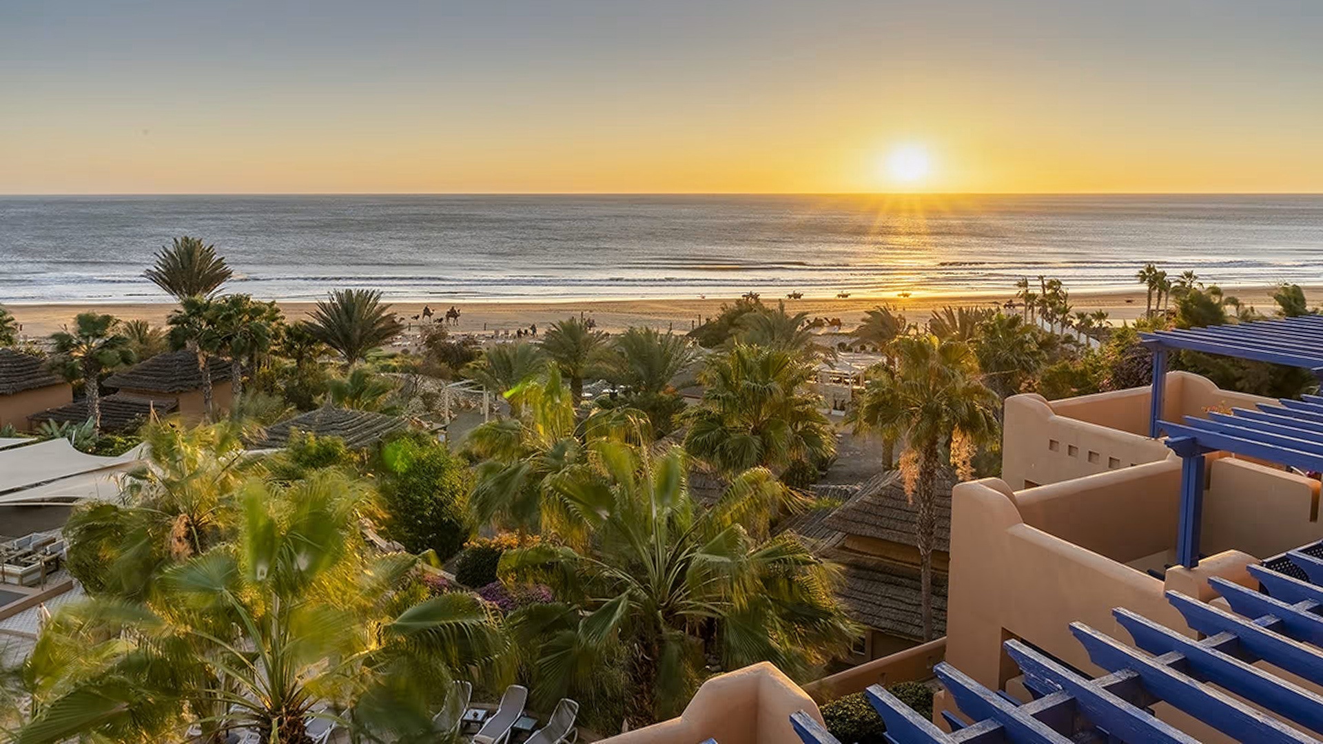 a scenic sunset view from the Paradis Plage Surf Yoga & Spa Resort located in Morocco
