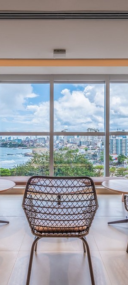 a modern hotel room interior with a scenic ocean view at the Novotel Salvador Rio Vermelho in Brazil