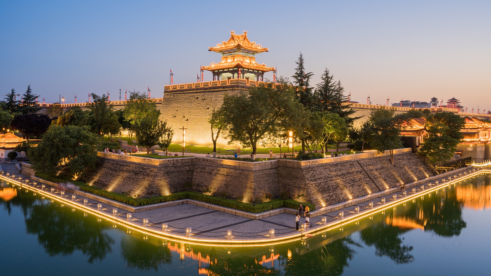 the Fortifications of Xi'an, also known as the Xi'an City Wall, during the evening