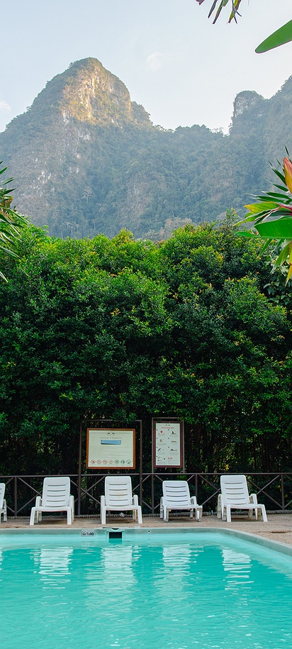 the swimming pool at the Elephant Hills luxury tented camp located in Khao Sok National Park, Thailand