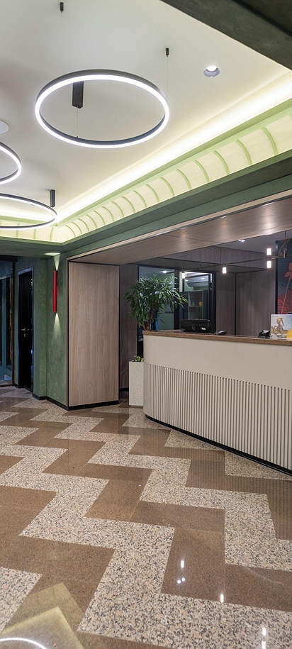 the lobby and reception area of the Hotel Kazzhol Almaty