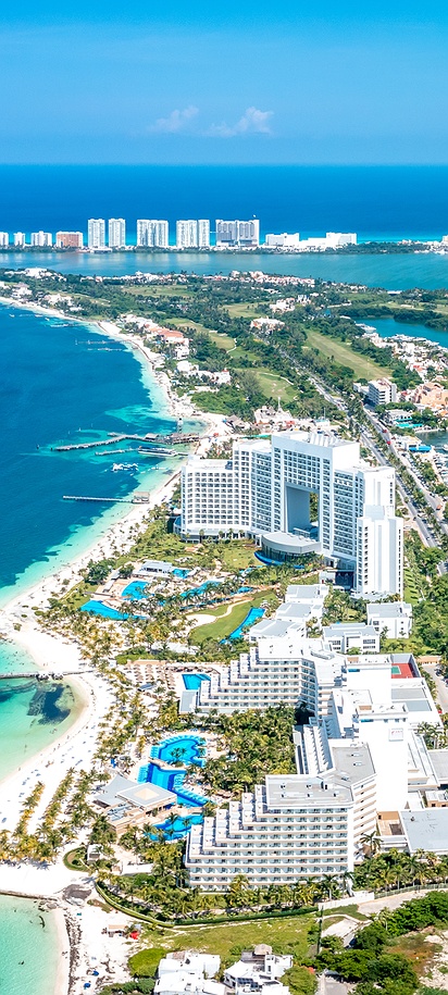 an aerial view of the Cancun Hotel Zone in Mexico
