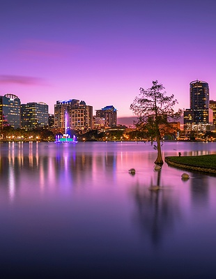 an aerial view of the downtown skyline of Orlando, Florida