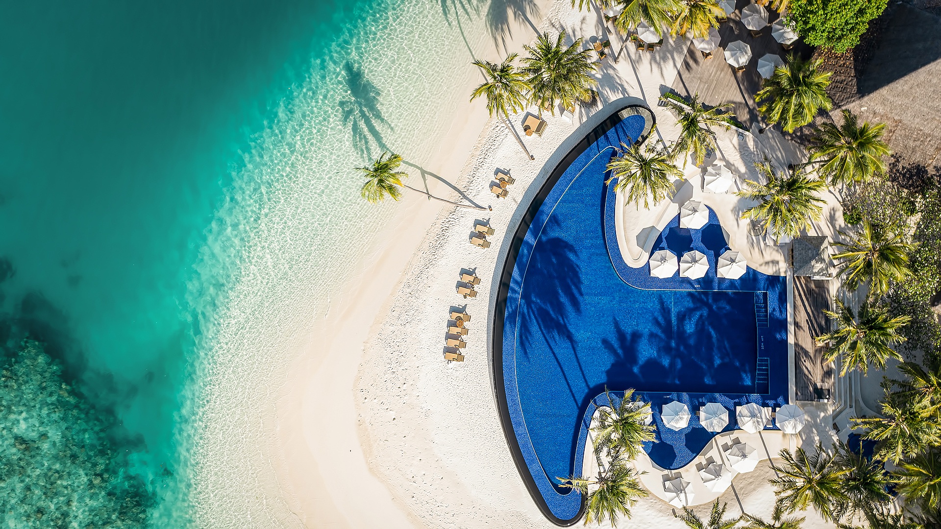 aerial view of Conrad Maldives Rangali Island resort pool