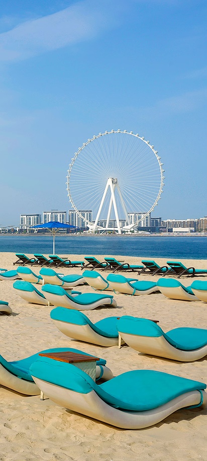 the private beach at the Al Habtoor Grand Resort, Autograph Collection, located on Jumeirah Beach in Dubai