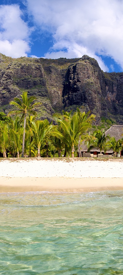 coastline of Mauritius, featuring the iconic Le Morne Brabant mountain in the background