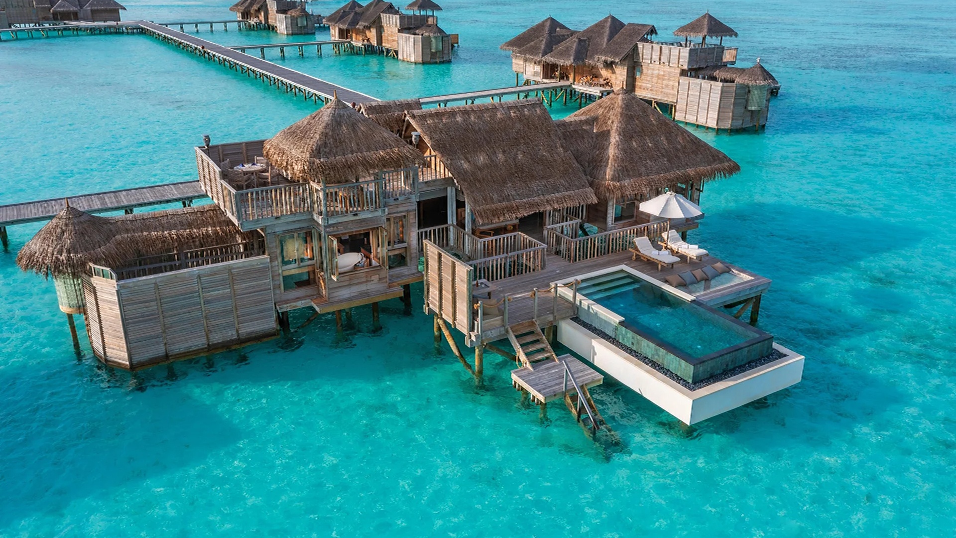 Aerial view of overwater reort, Gili Lankanfushi