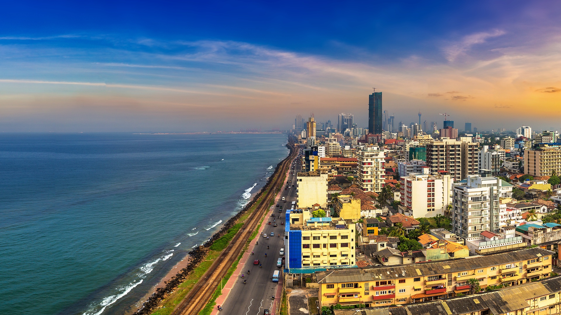 aerial view of the Colombo skyline and coastline in Sri Lanka