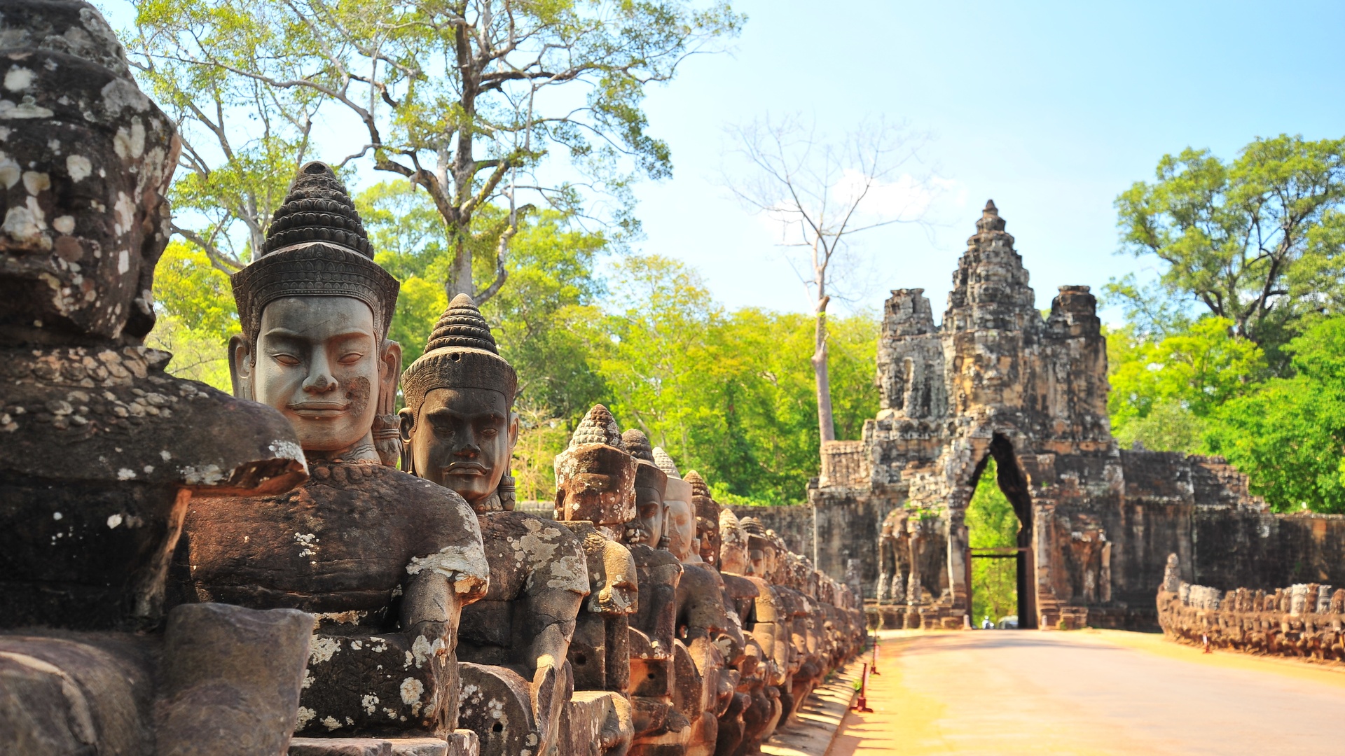 south gate of the ancient fortified city of Angkor Thom in Cambodia