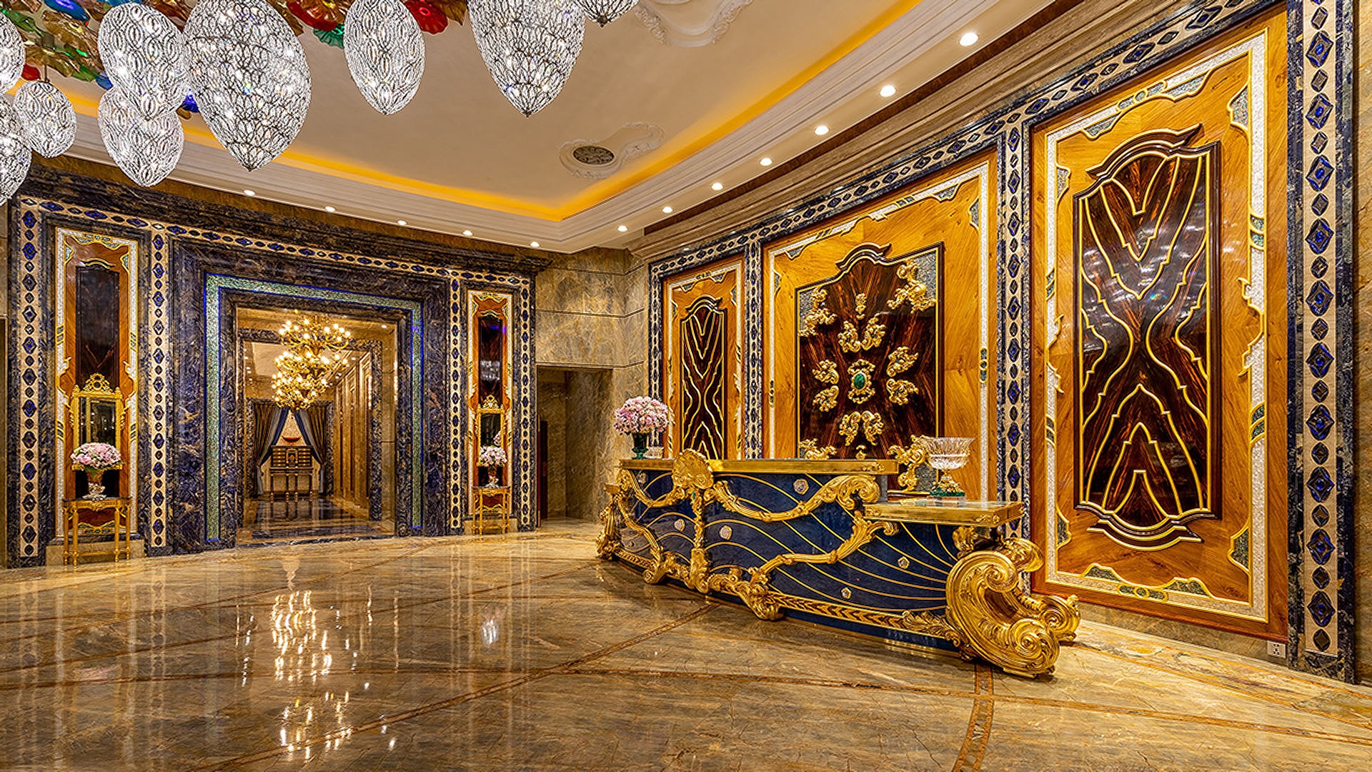 the opulent lobby of The Reverie Saigon hotel in Ho Chi Minh City, Vietnam