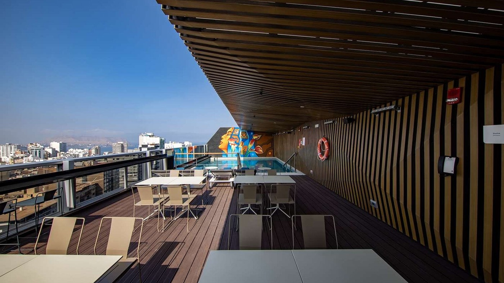 the 18th-floor Garden Rooftop terrace and swimming pool area at the Hilton Garden Inn Lima Miraflores