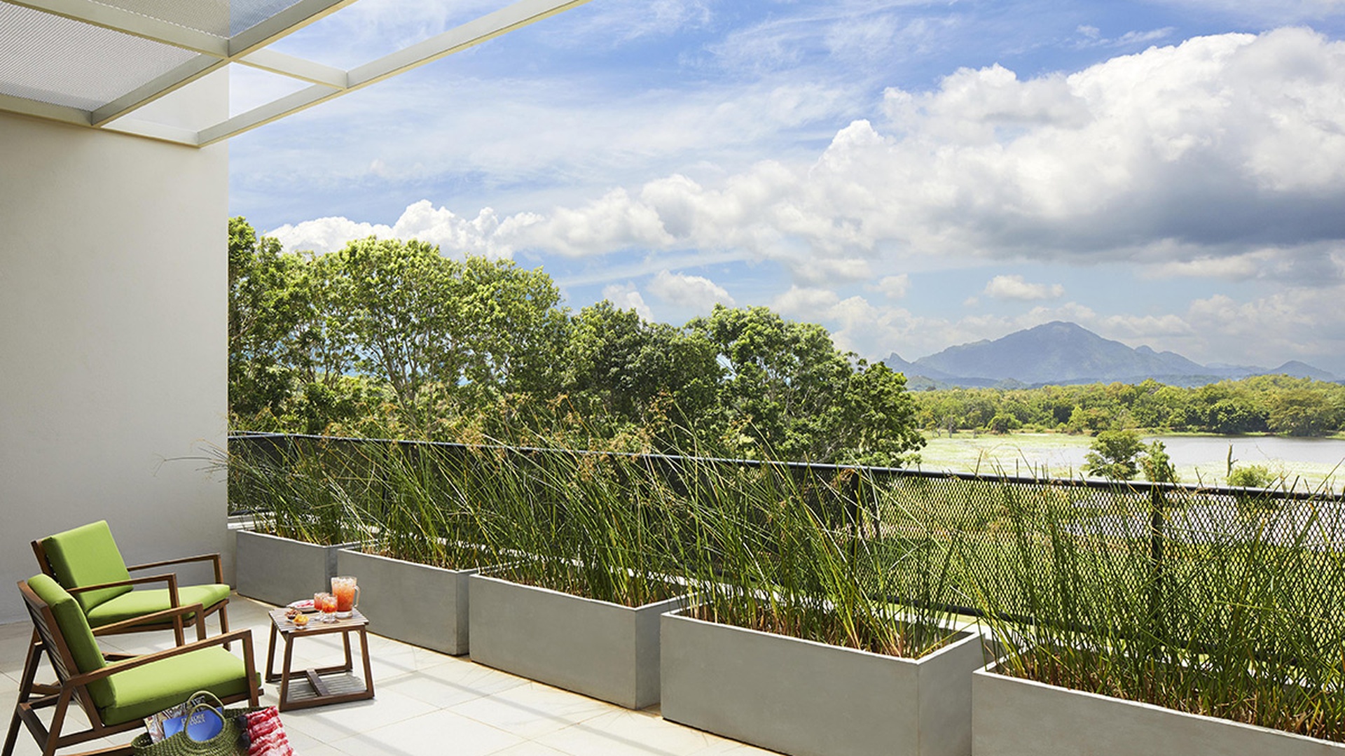 balcony view at the Jetwing Lake hotel in Dambulla, Sri Lanka