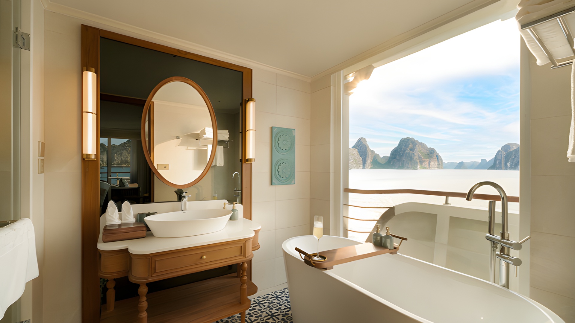 interior of a cabin on the Bhaya Soul Cruise, a luxury cruise ship that sails in Halong Bay, Vietnam