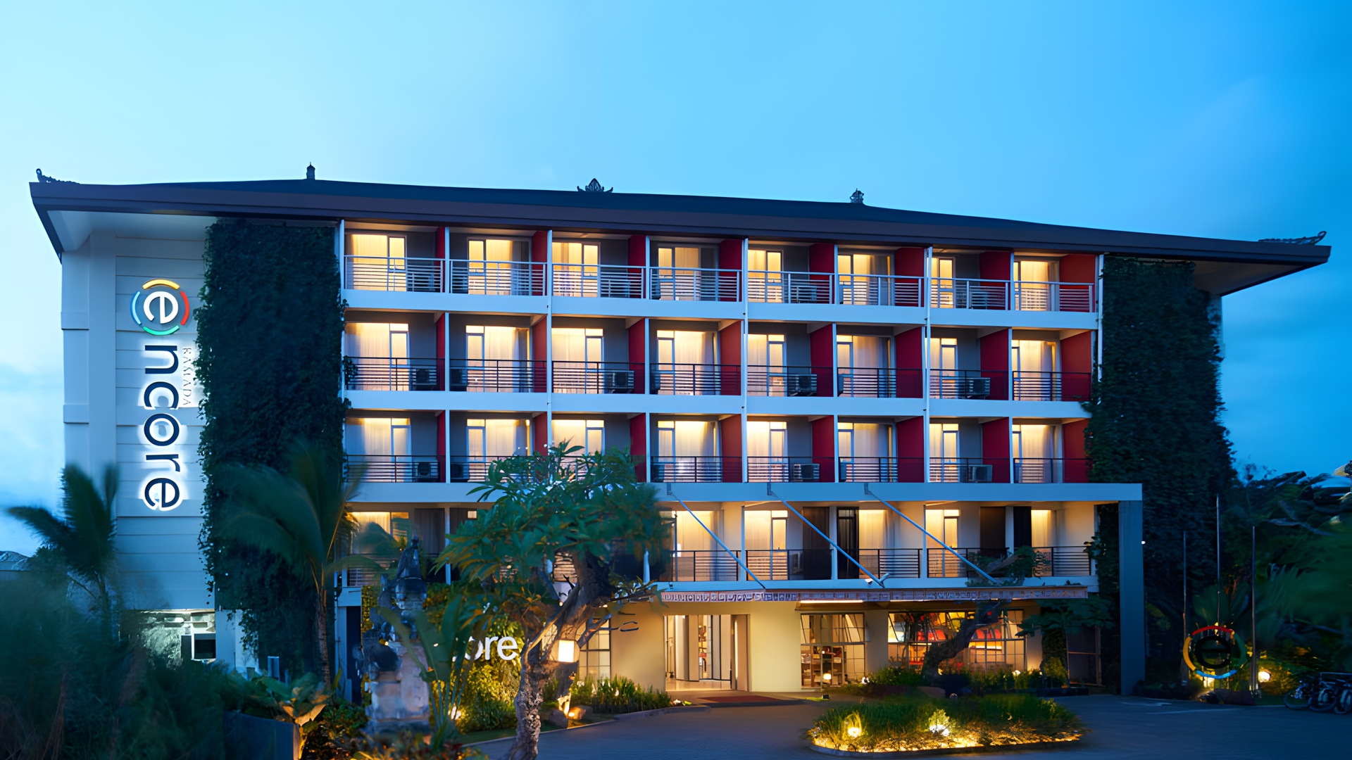 Exterior front view of Ramada Encore by Wyndham Seminyak Bali hotel. 