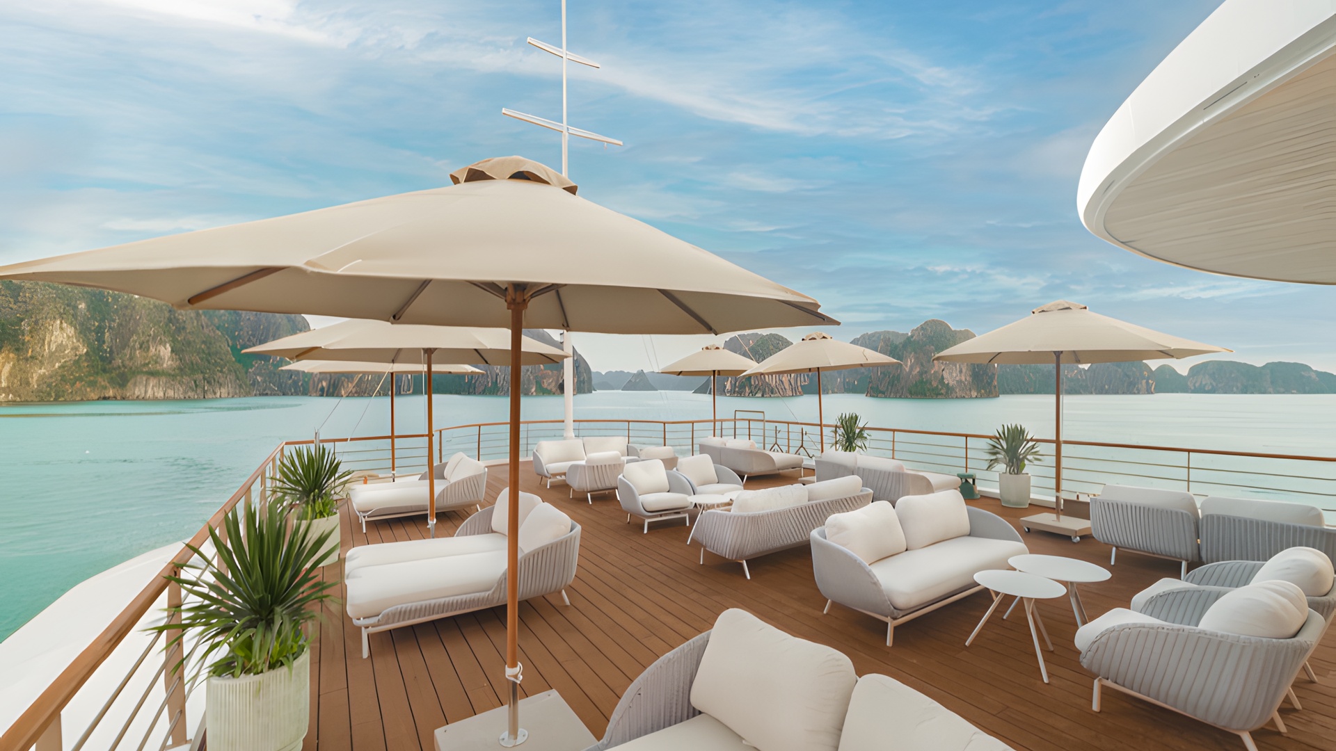 sundeck of the Bhaya Soul Cruise, a cruise ship in Halong Bay, Vietnam