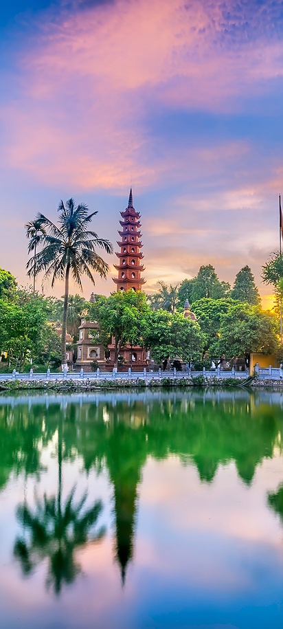 the Tran Quoc Pagoda located on West Lake in Hanoi, Vietnam