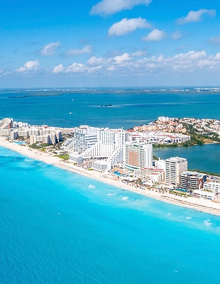 an aerial view of the Hotel Zone in Cancun, Mexico