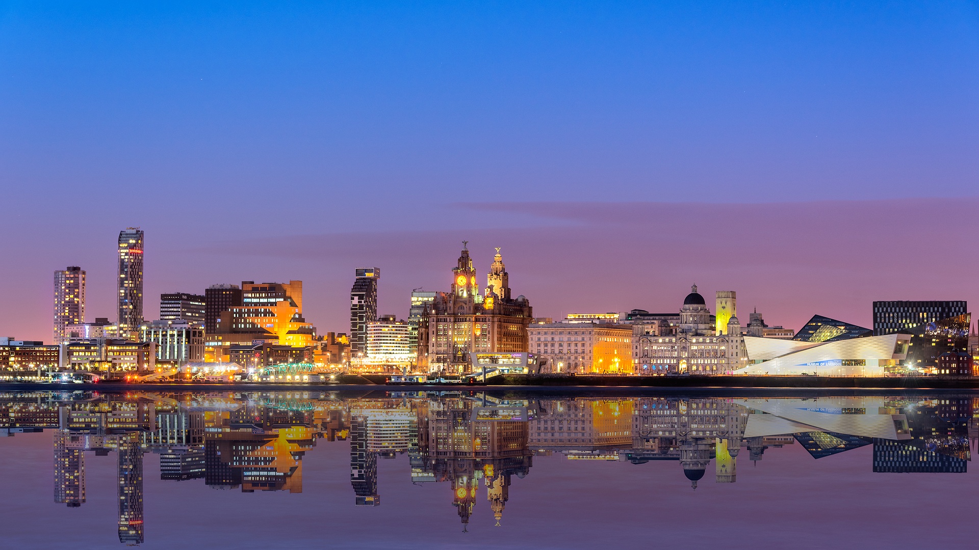 iconic Liverpool Waterfront at twilight