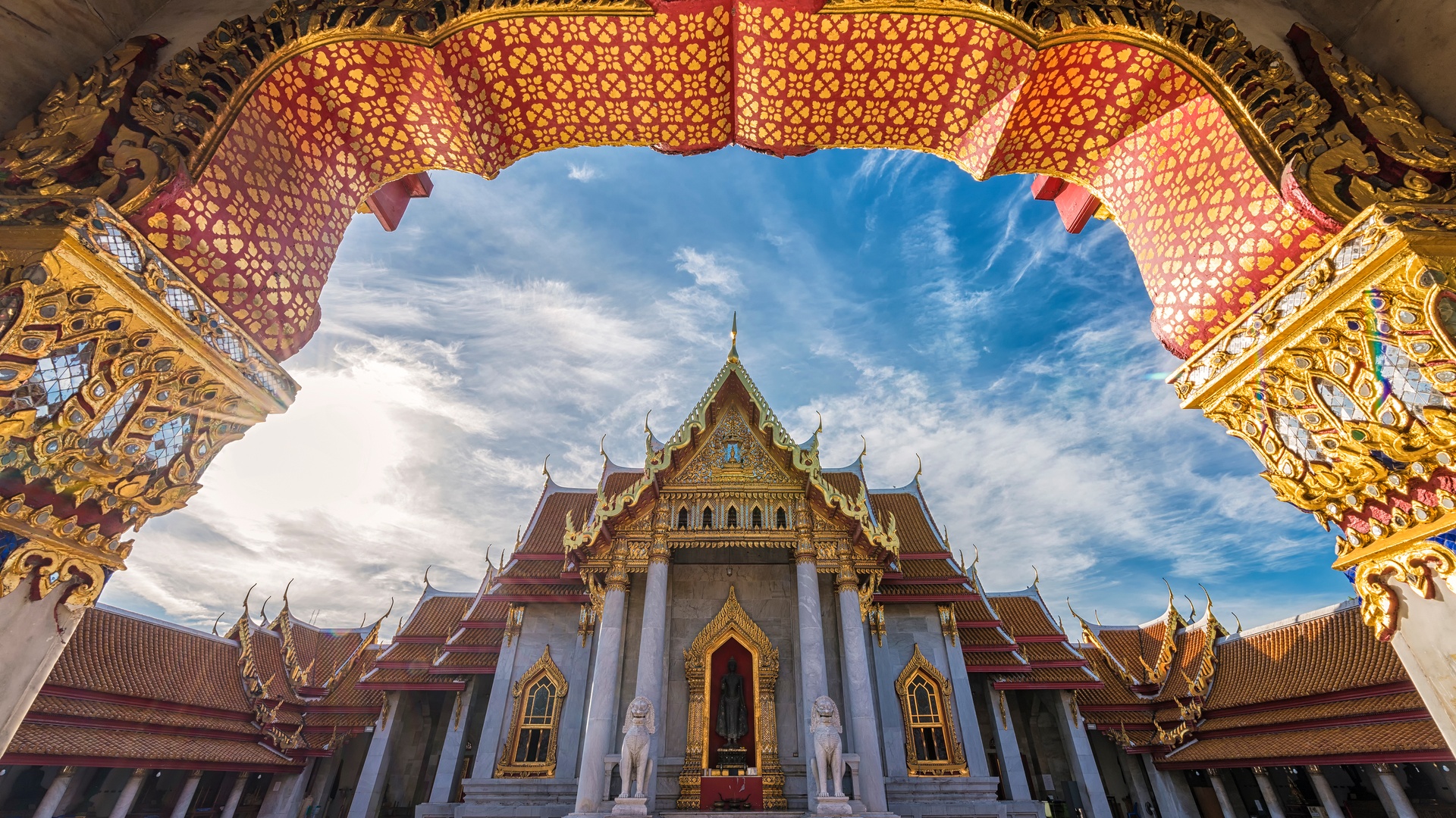 Intricately framed view of Wat Benchamabophit Marble Temple