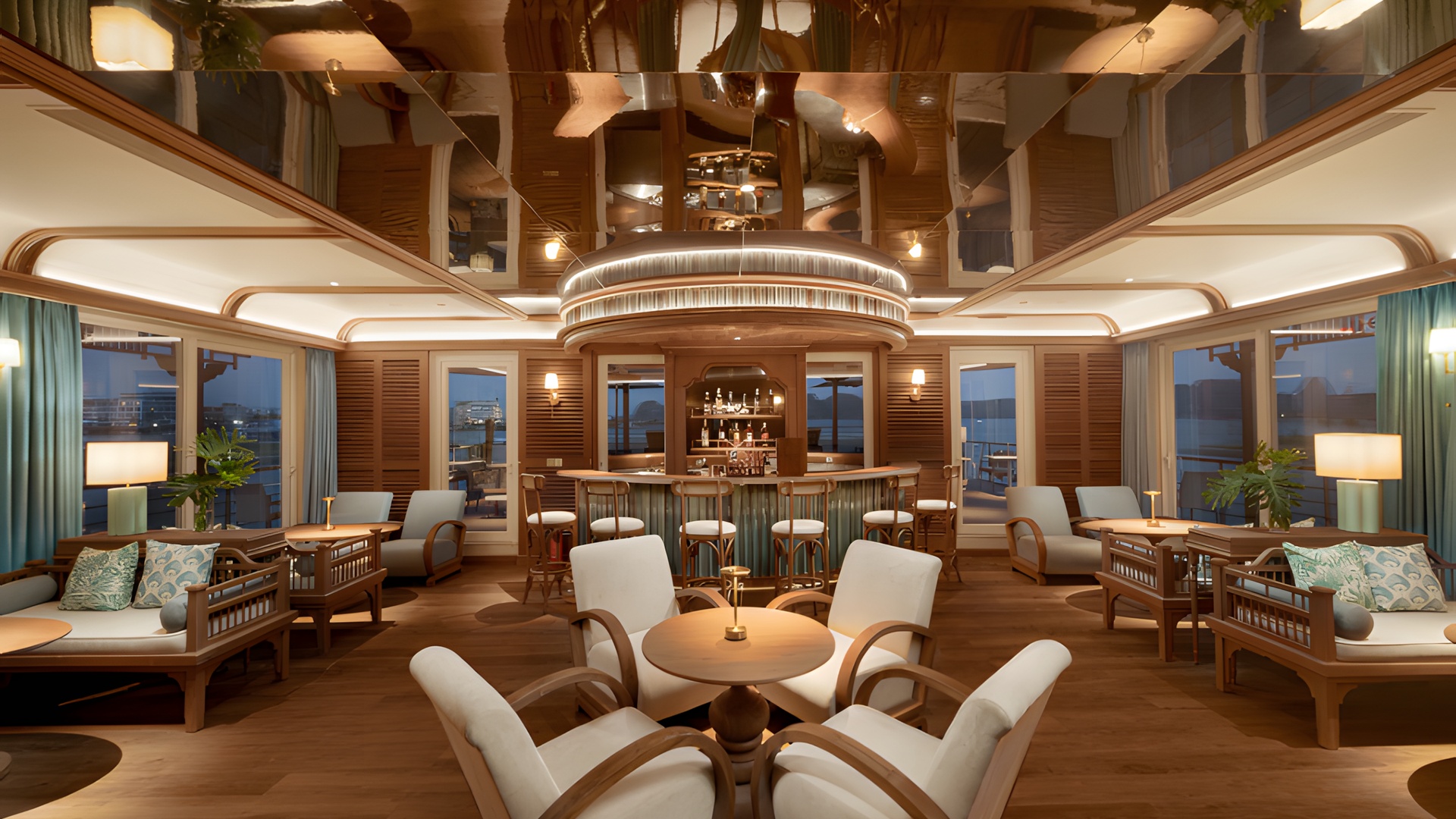 the elegant lounge and bar area of the Bhaya Soul Cruise