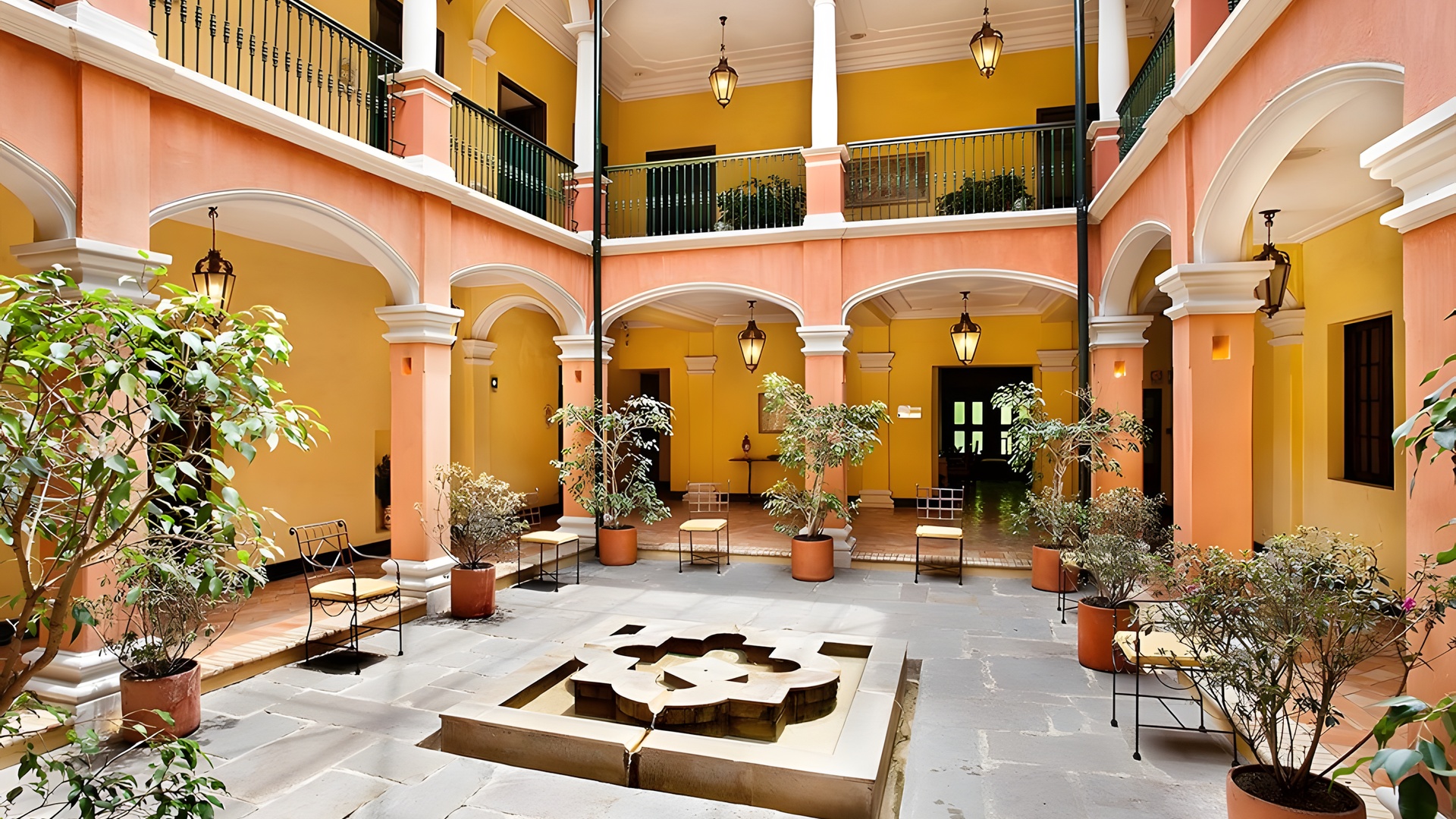 the central patio of the Hotel de la Ópera, a 5-star boutique hotel located in the historic La Candelaria district of Bogotá, Colombia