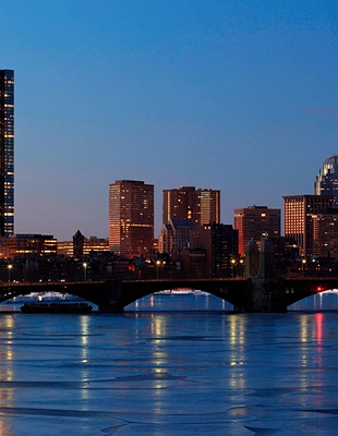 view of the Boston skyline at dusk