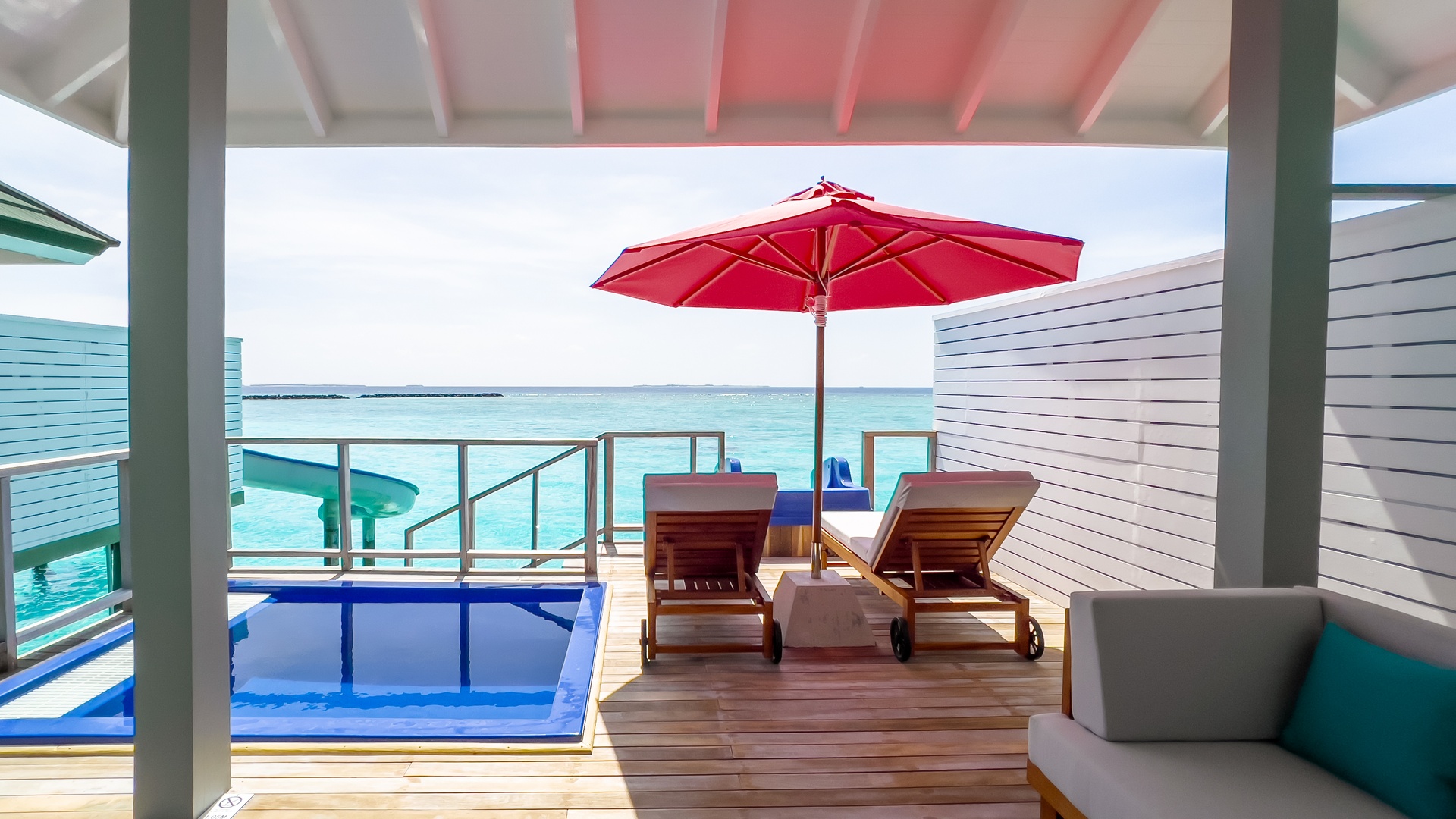 water villa with pool slide with a view