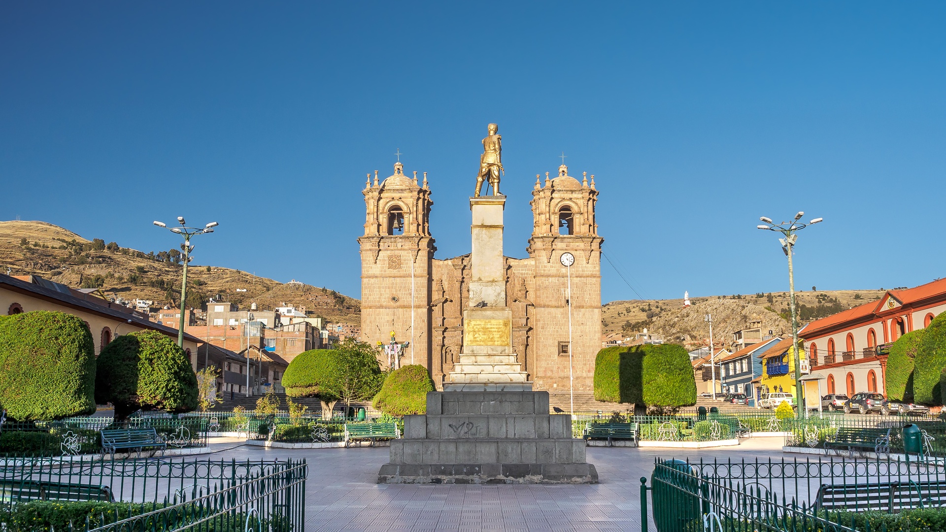 the Plaza de Armas in Puno, Peru, featuring the prominent Puno Cathedral
