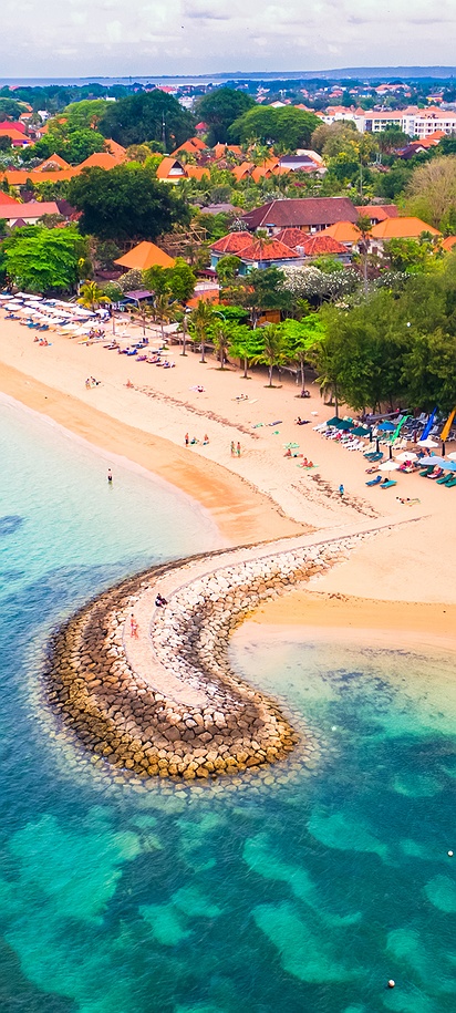 an aerial view of Sanur Beach in Bali, Indonesia