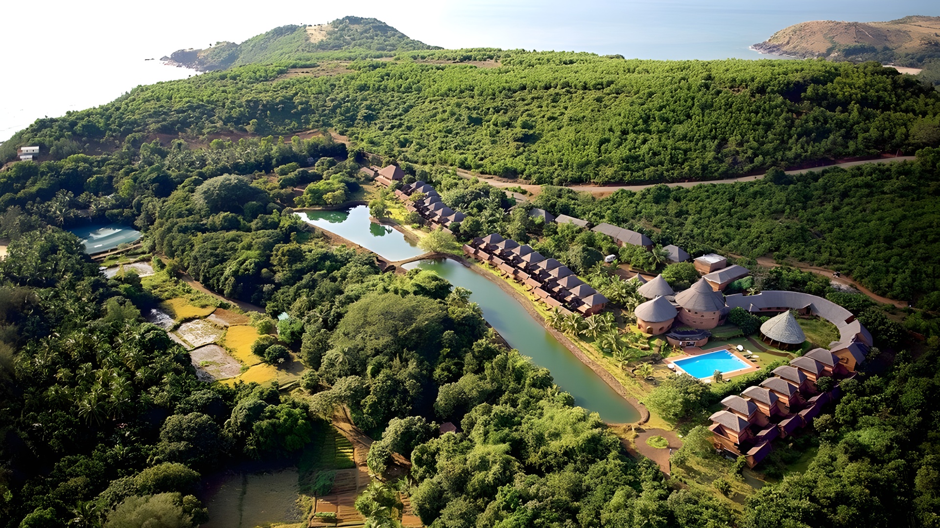 an aerial view of the SwaSwara wellness retreat located in Gokarna, India