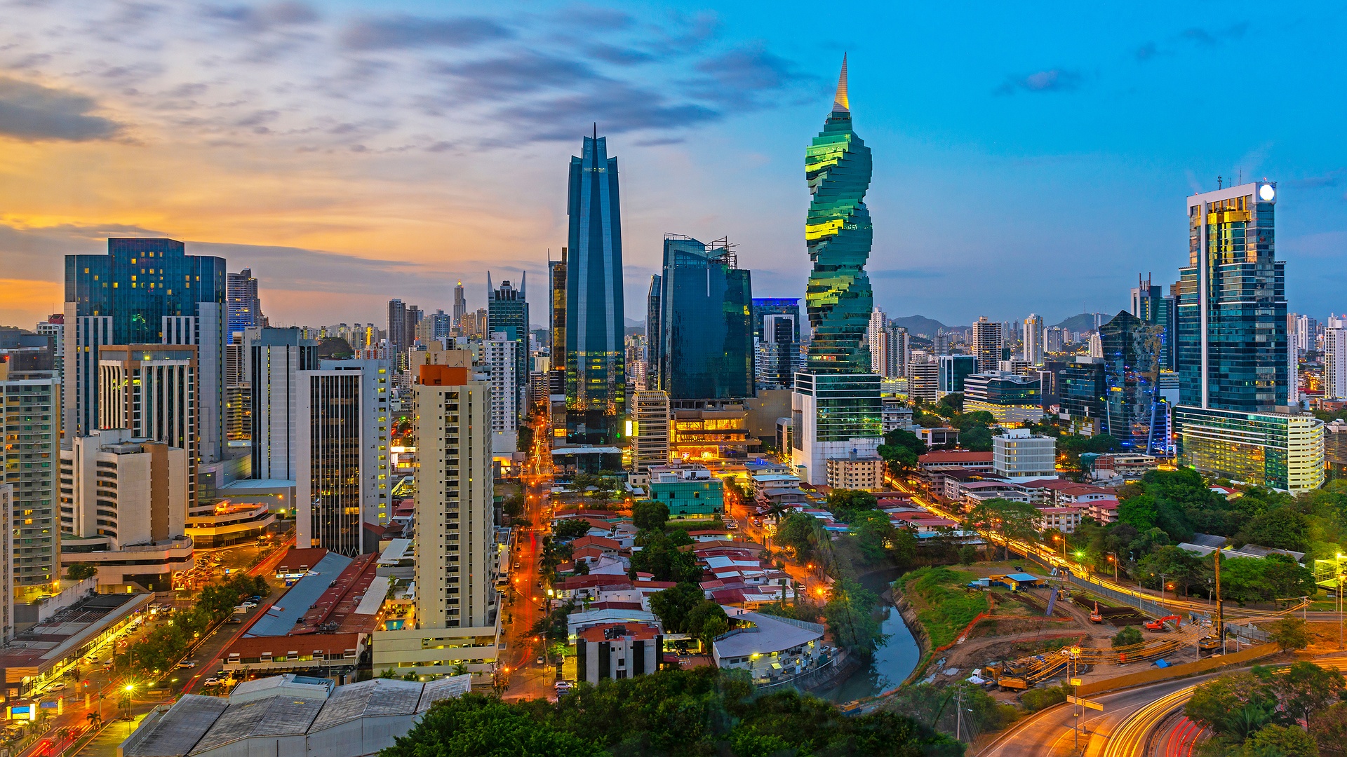 a scenic view of the Panama City skyline during twilight