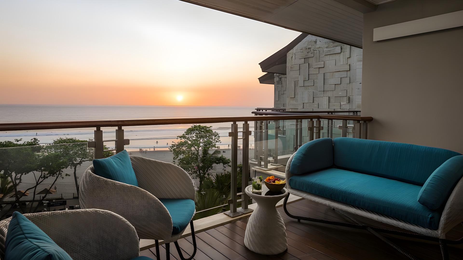 balcony at the Double-Six Luxury Hotel in Seminyak, Bali