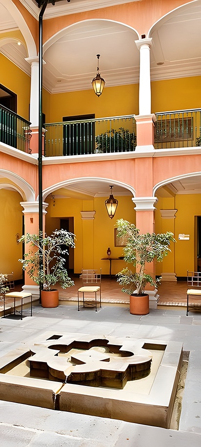 the central patio of the Hotel de la Ópera, a 5-star boutique hotel located in the historic La Candelaria district of Bogotá, Colombia