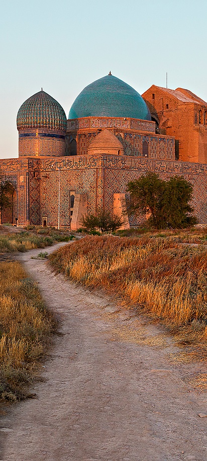 Mausoleum of Khoja Ahmed Yasawi at sunset in Turkestan