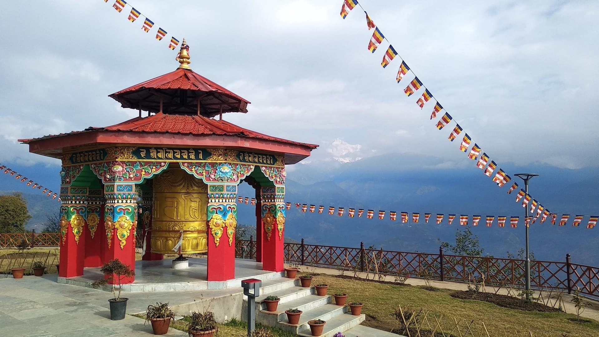 a prayer wheel gazebo at the Pelling Skywalk in West Sikkim, India
