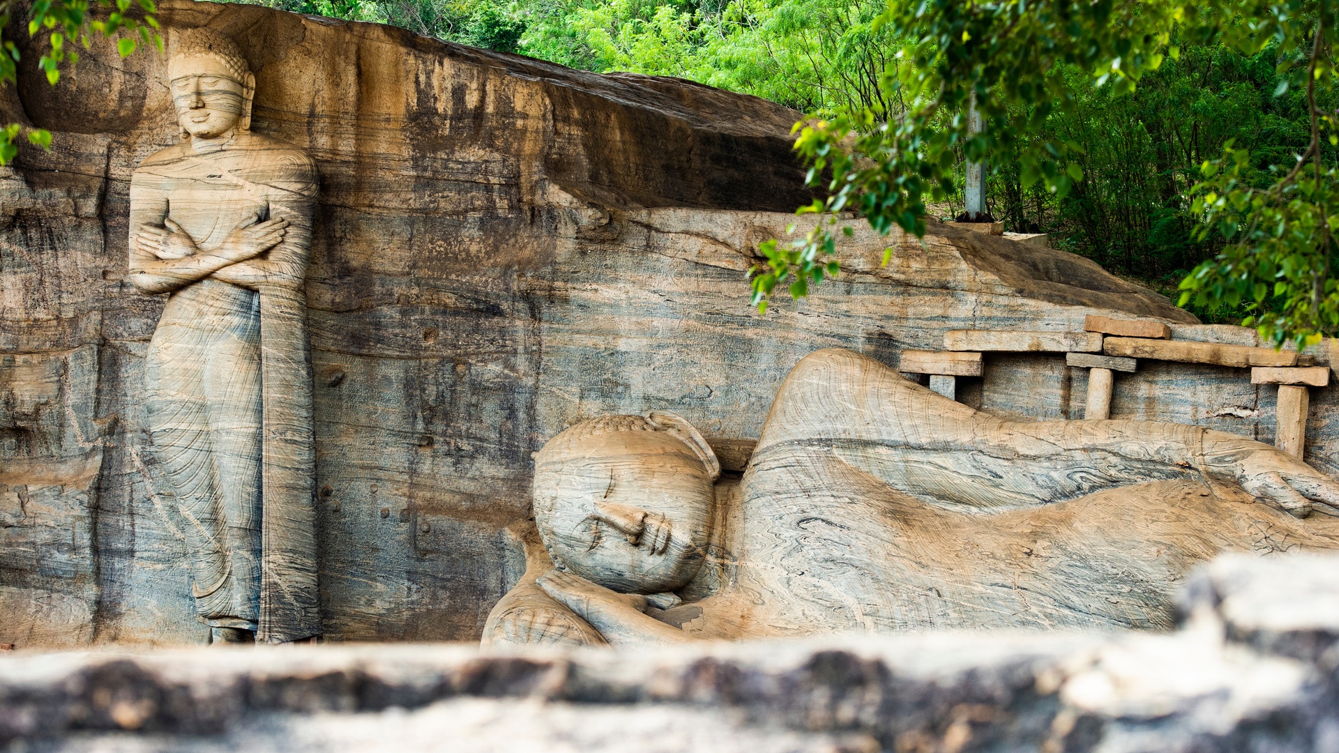 the Gal Vihara, a famous rock temple featuring ancient Buddha statues in Polonnaruwa, Sri Lanka