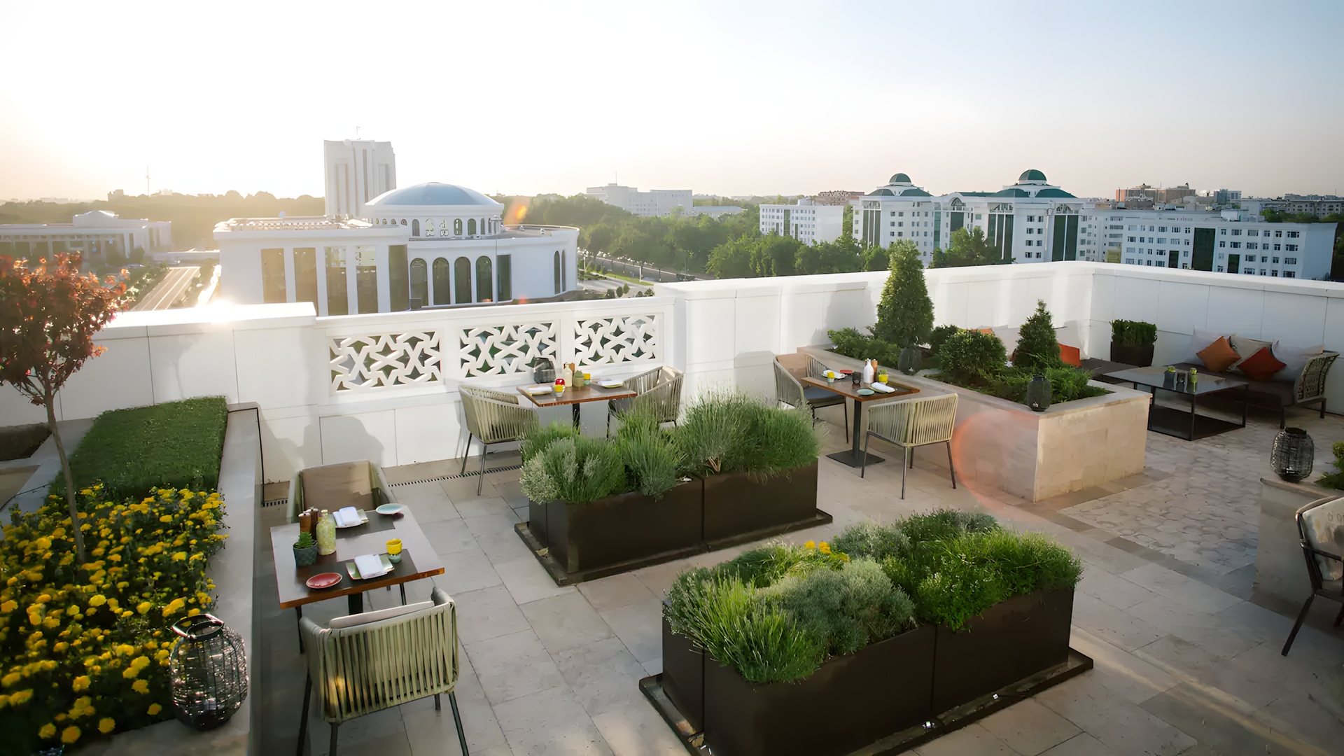 rooftop terrace of Sette Restaurant & Bar at Hyatt Regency Tashkent hotel in Uzbekistan