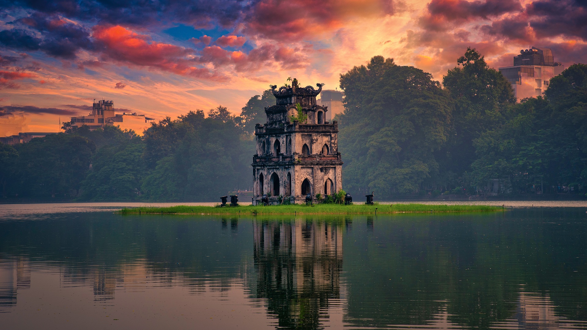 Turtle Tower in Vietnam at sunset