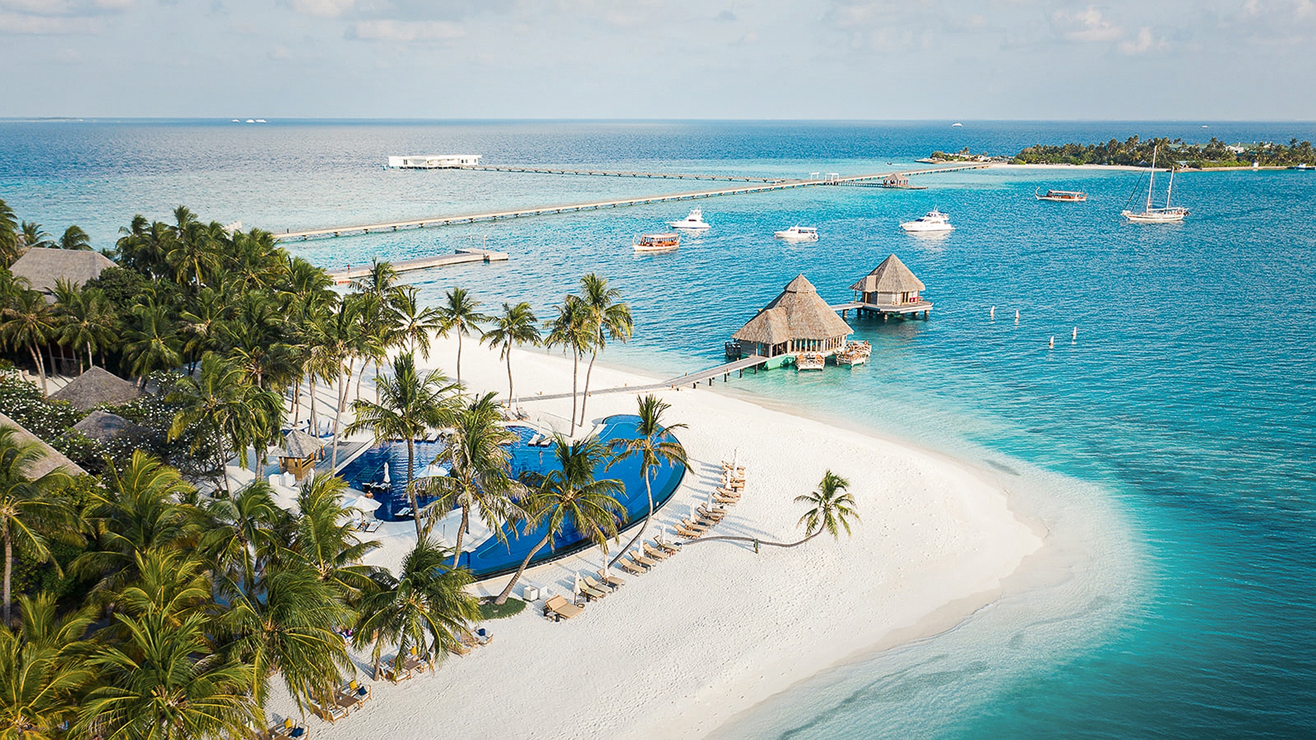 aerial view of Conrad Maldives Rangali Island resort