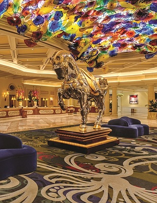 Exterior view with fountain show at Bellagio Hotel and Casino