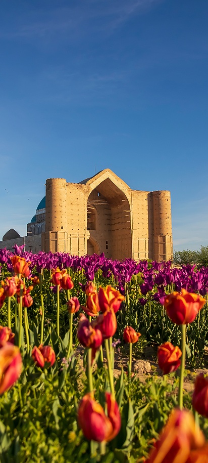 the Mausoleum of Khoja Ahmed Yasawi in Turkistan, Kazakhstan, surrounded by blooming tulips