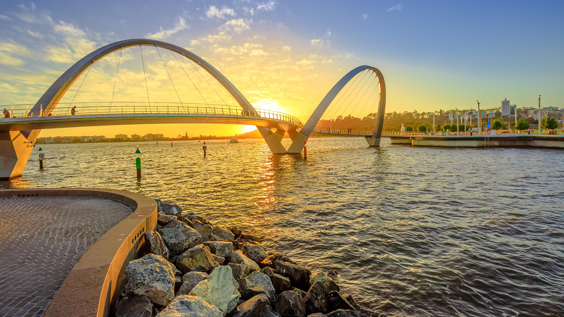 Sunset view of Elizabeth Quay Bridge in Perth, Australia