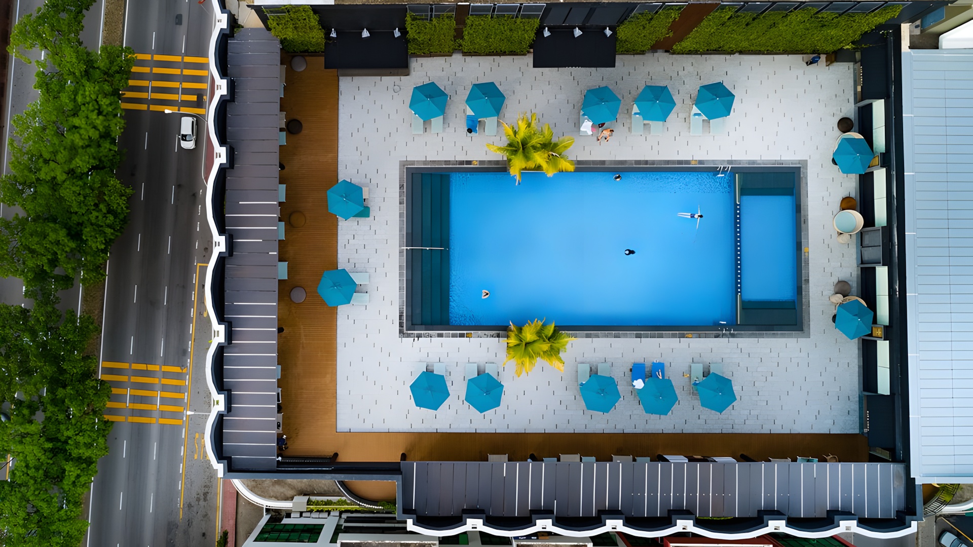 aerial view of rooftop swimming pool at Hilton Kota Kinabalu hotel
