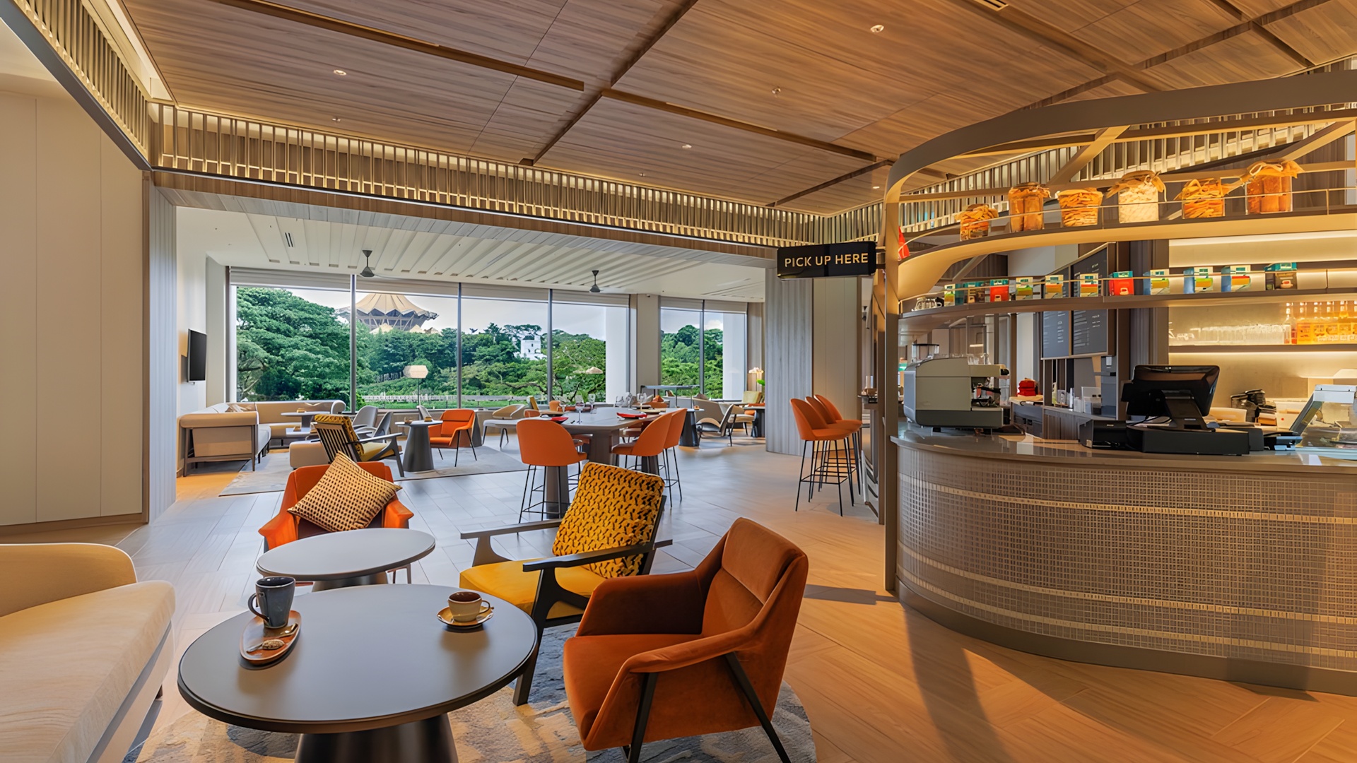 interior of a lounge or bar at Hilton Kuching hotel in Malaysia