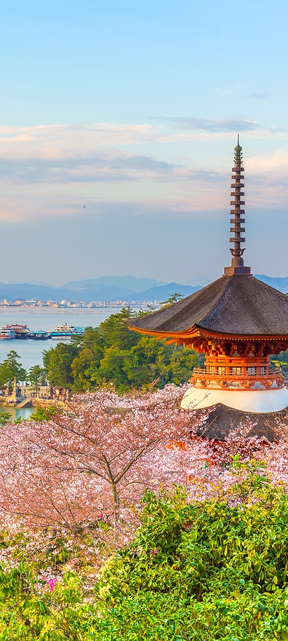 a scenic view of Miyajima Island (Itsukushima) in Hiroshima, Japan