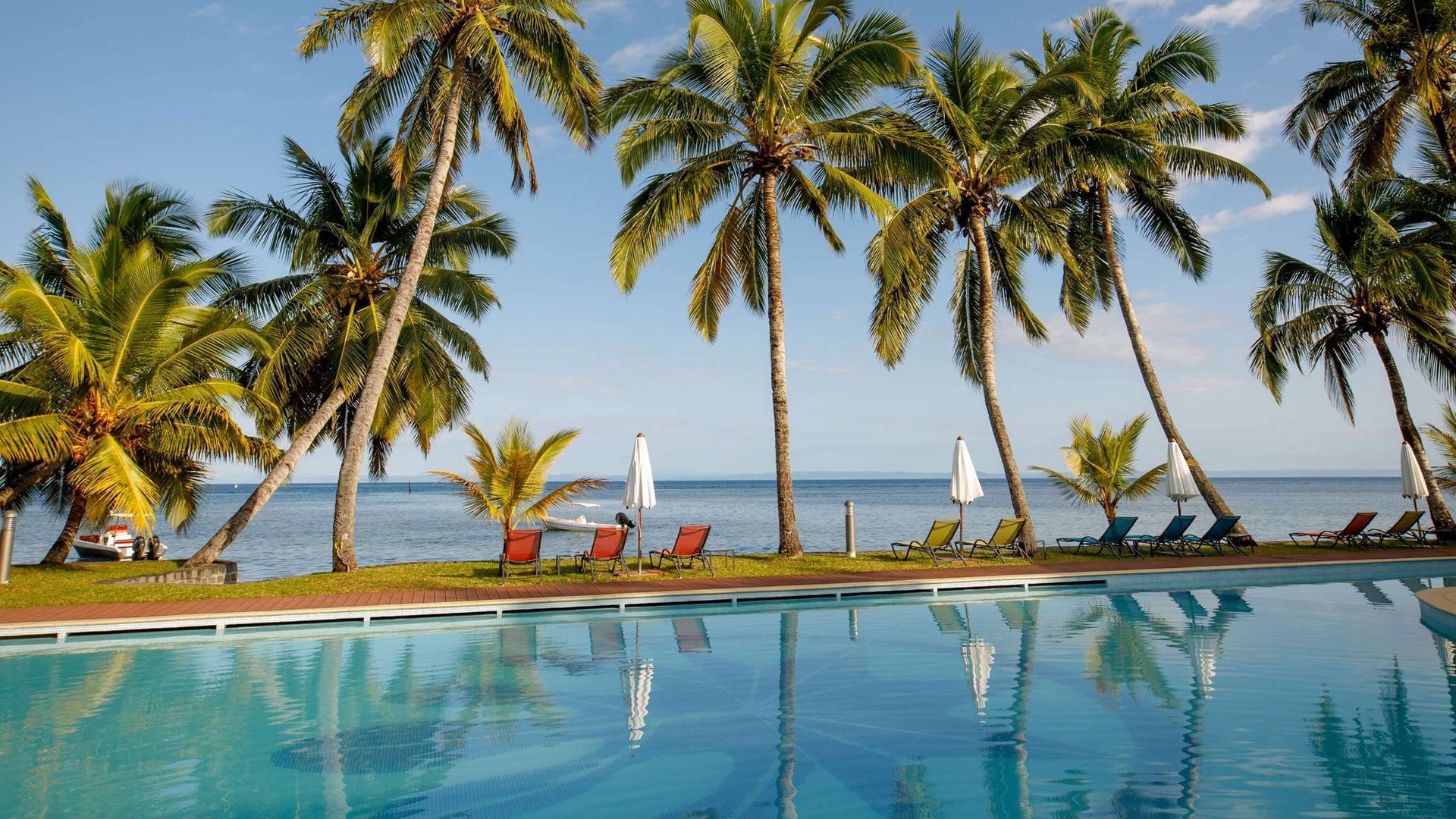 the pool area at the Mantis Soanambo Hotel and Spa, located on Ile Sainte-Marie in Madagascar
