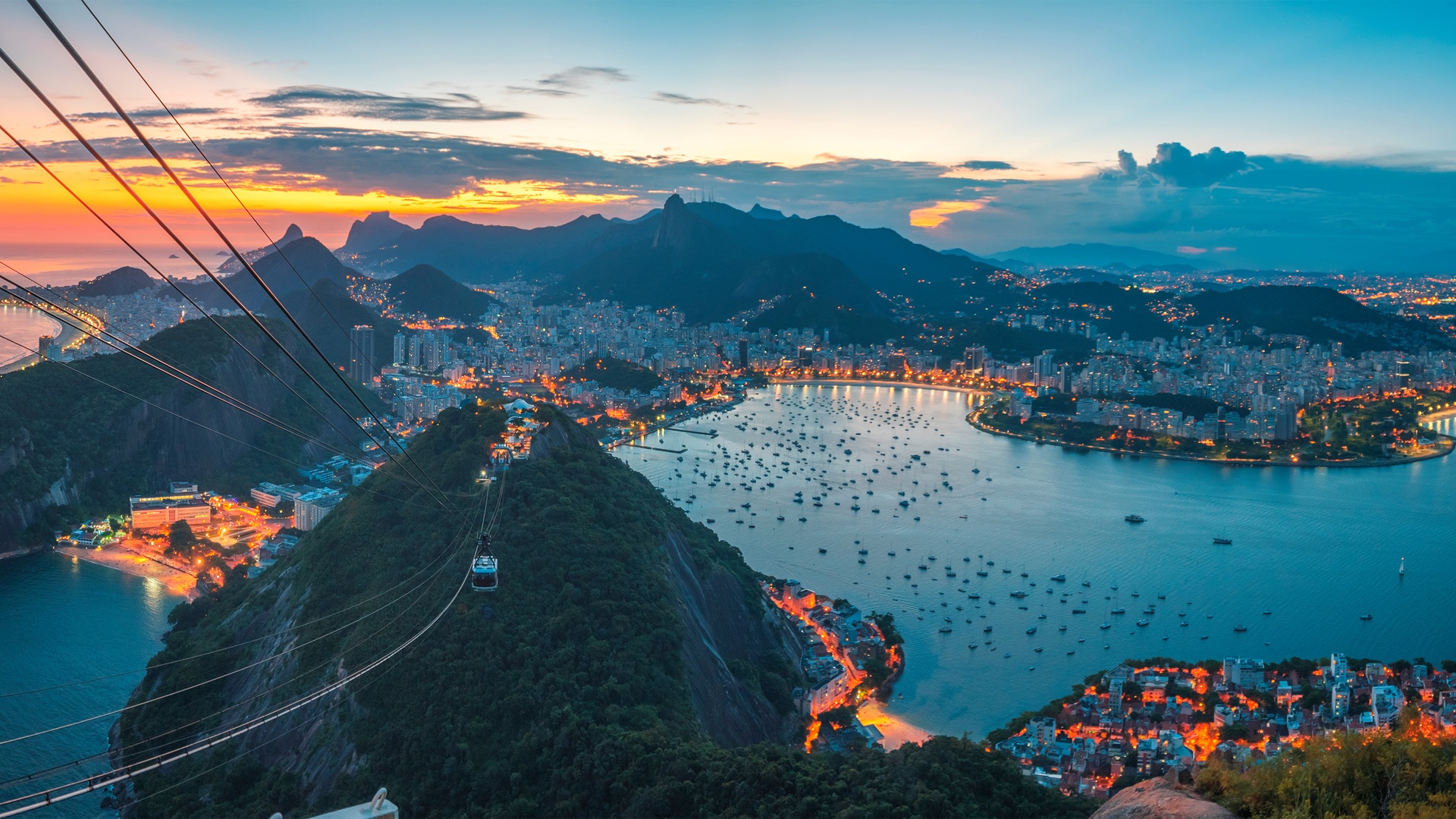 a scenic view of Sugarloaf Mountain in Rio de Janeiro, Brazil, at sunset